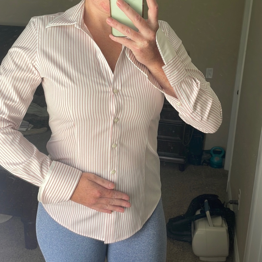 Brooks Brothers Button Down Blouse. French cuffed, pink, white, and black detail